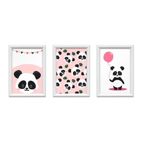 Kit 3 Quadros Decorativos Meu Rodapé Panda Rosa 24x34