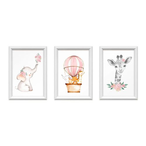 Kit 3 Quadros Decorativos Meu Rodapé Bichos com Flor e Balão 24x34